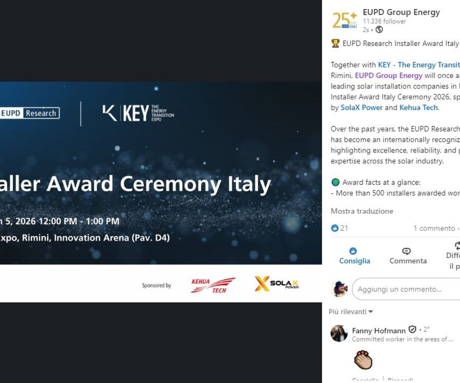 Key Energy 2026 - EUPD Research Installer Award Italia 2026