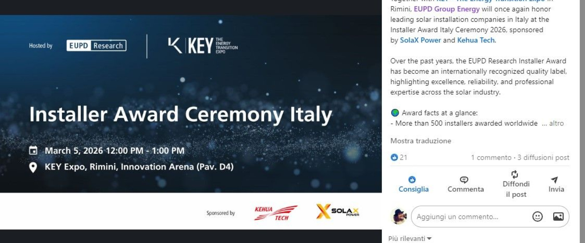 Key Energy 2026 - EUPD Research Installer Award Italia 2026